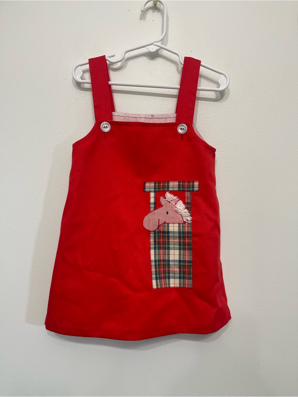 Fantasia Dallas Vintage Style Red Plaid Horse Appliqué Kids Pinafore Dress